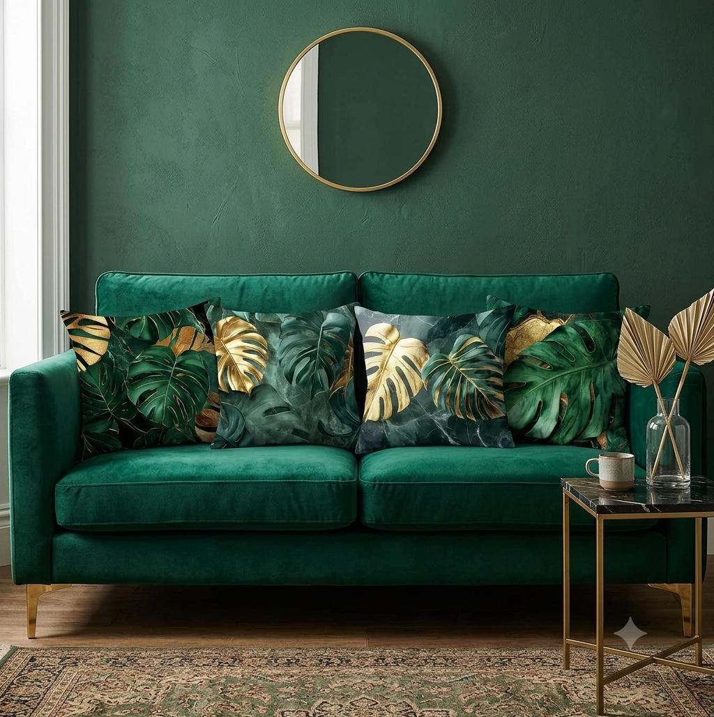 Opulent Monstera Palm Leaf Pillowcase – Plush Botanical Green Accent Cushion Cover for Modern Boho & Resort-Style Home Decor