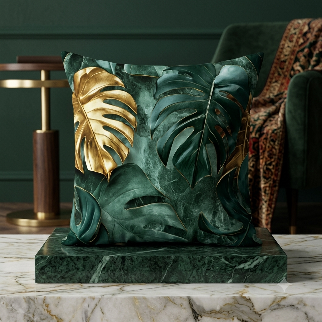 Opulent Monstera Palm Leaf Pillowcase – Plush Botanical Green Accent Cushion Cover for Modern Boho & Resort-Style Home Decor