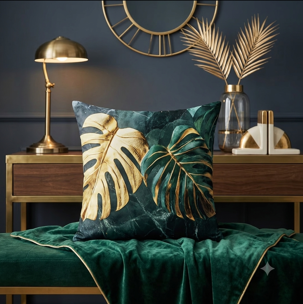 Opulent Monstera Palm Leaf Pillowcase – Plush Botanical Green Accent Cushion Cover for Modern Boho & Resort-Style Home Decor