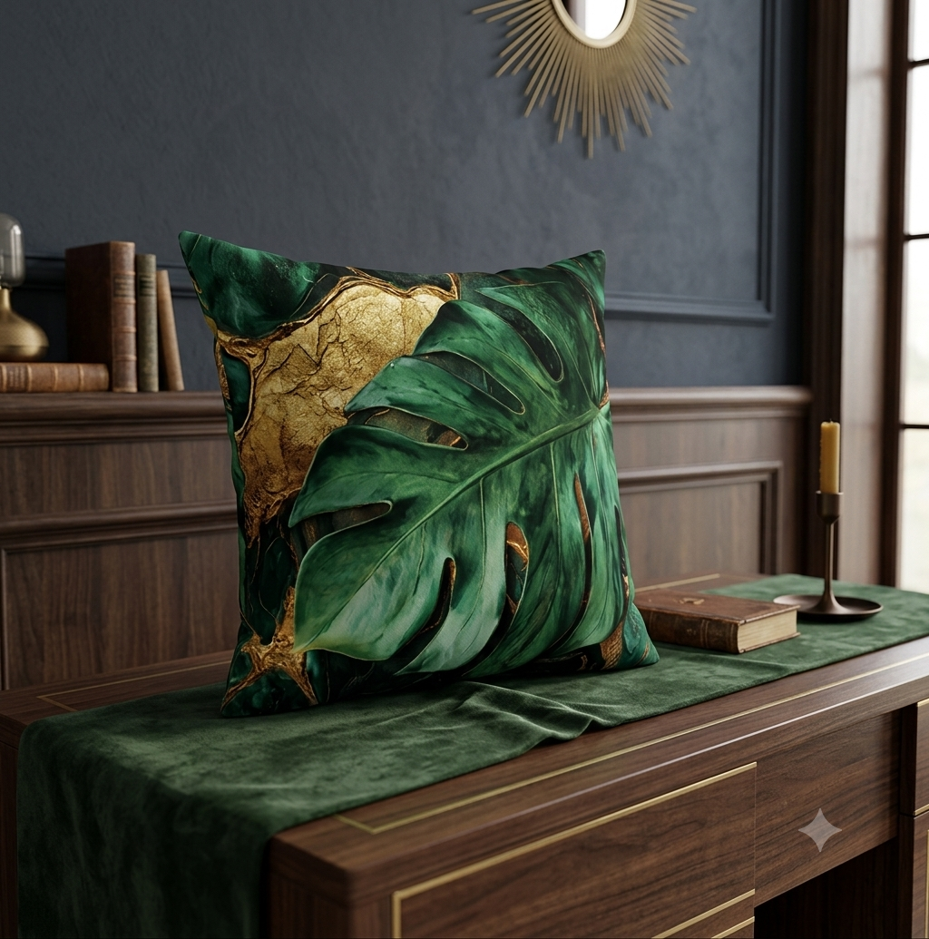 Opulent Monstera Palm Leaf Pillowcase – Plush Botanical Green Accent Cushion Cover for Modern Boho & Resort-Style Home Decor