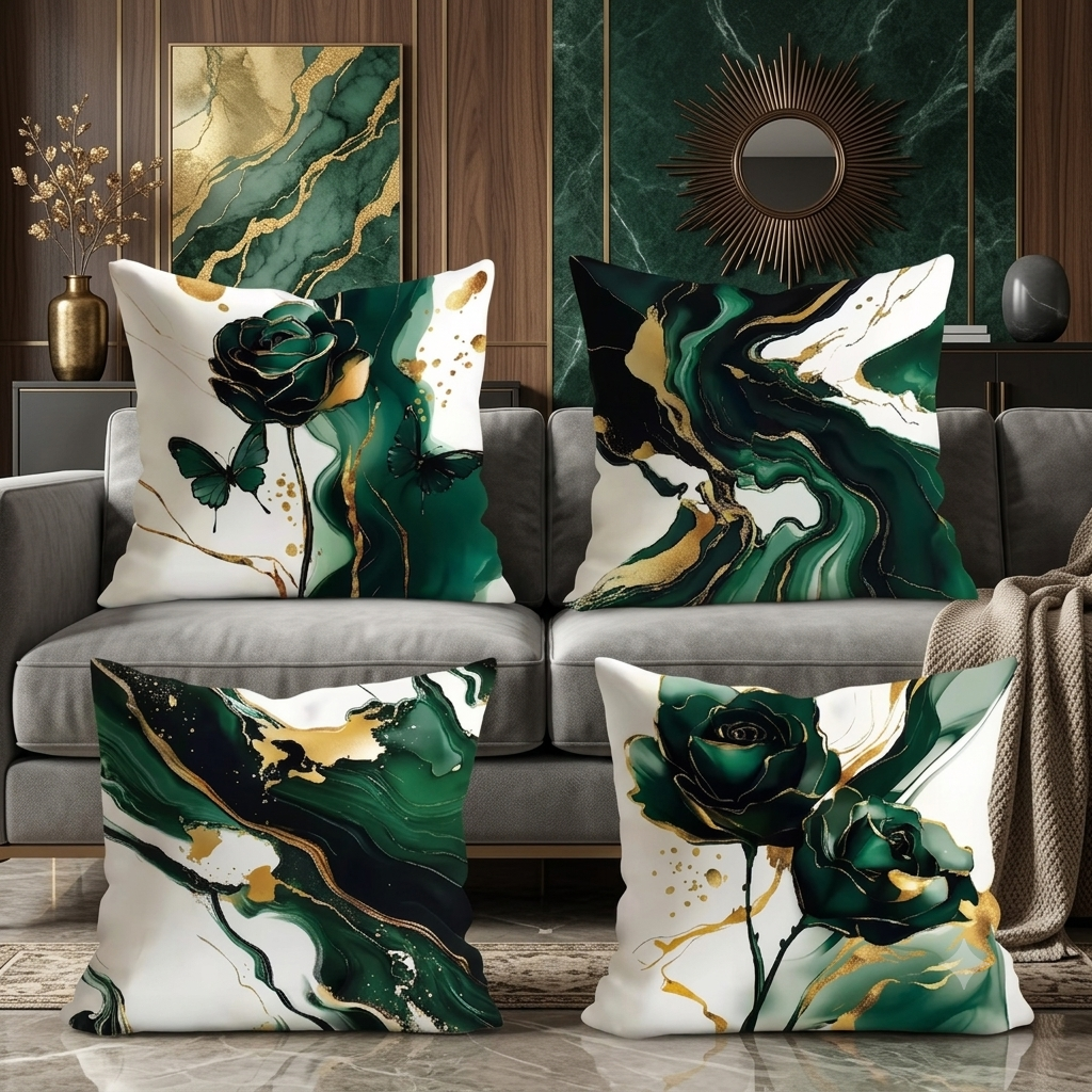 Emerald & Gold Leaf Abstract Floral Pillow Cover Set – 4-Pack Modern Luxury Decorative Cushions for Couch, Accent Chair & Bedroom Decor