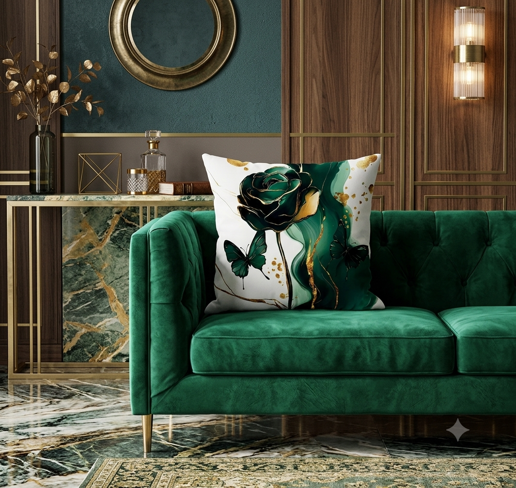 Emerald & Gold Leaf Abstract Floral Pillow Cover Set – 4-Pack Modern Luxury Decorative Cushions for Couch, Accent Chair & Bedroom Decor