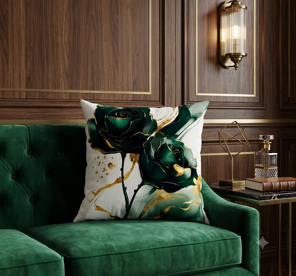 Lot de 4 housses de coussin décoratives abstraites à motif floral émeraude et or – Luxe moderne pour canapé, fauteuil d'appoint et décoration de chambre