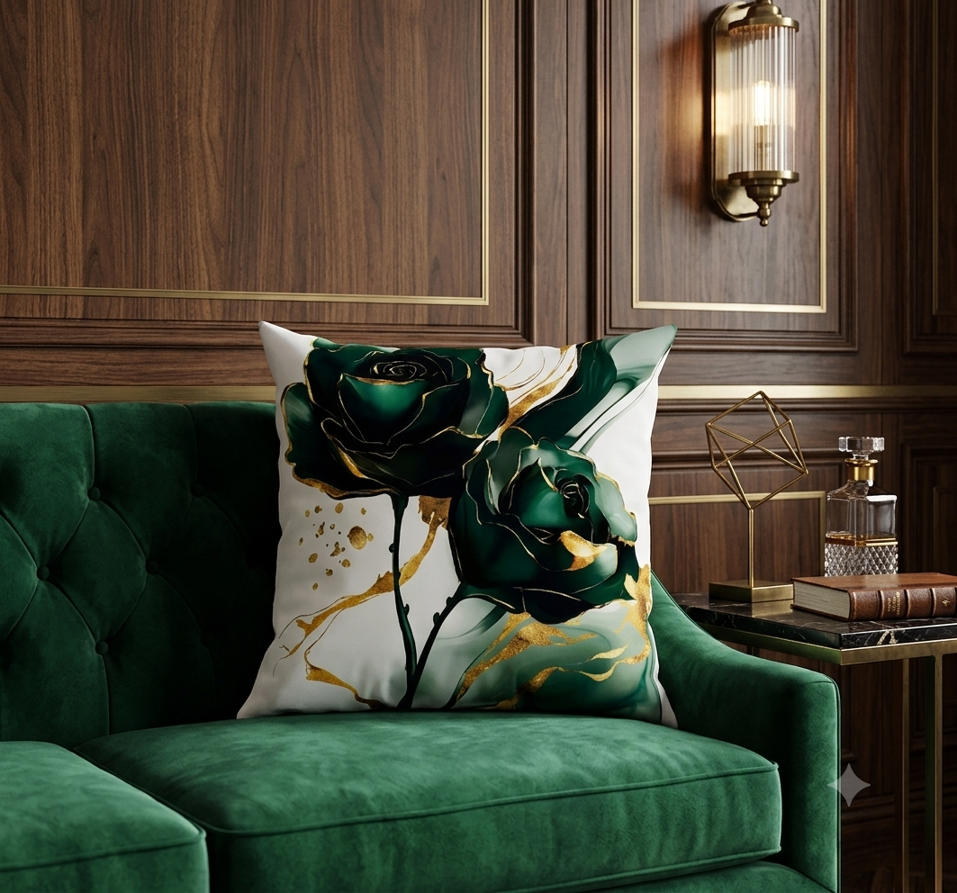 Emerald & Gold Leaf Abstract Floral Pillow Cover Set – 4-Pack Modern Luxury Decorative Cushions for Couch, Accent Chair & Bedroom Decor