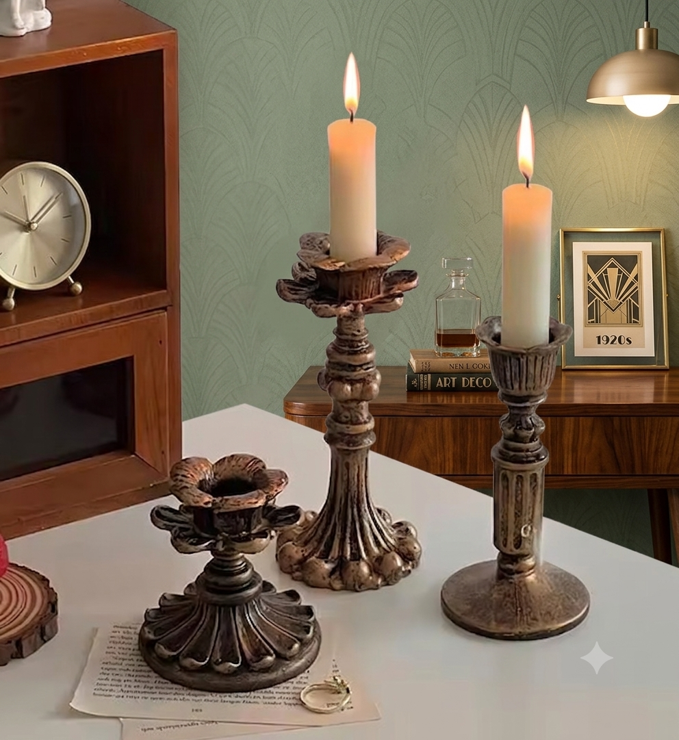 Antique Bronze Resin Taper Candlestick Holder – Vintage Victorian Style Candle Stand for Dark Academia & Dinner Tablescapes