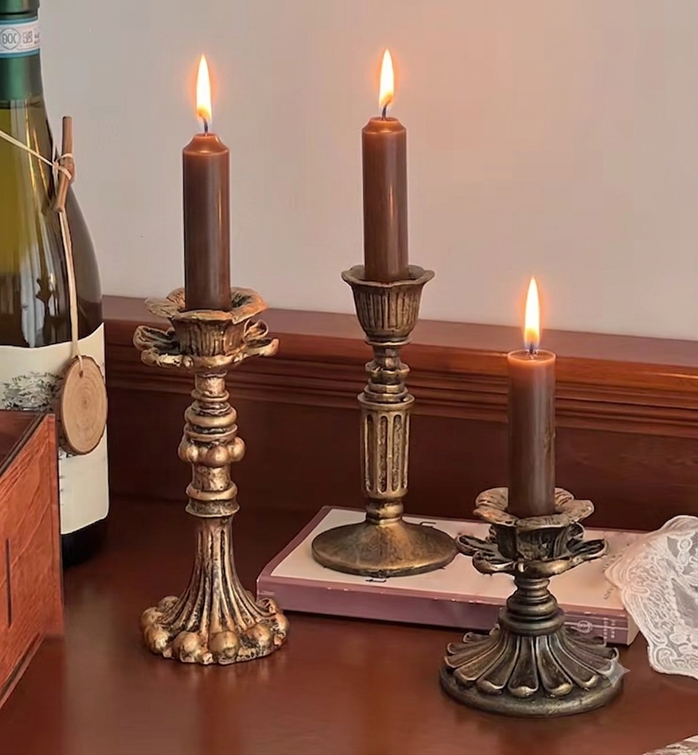 Antique Bronze Resin Taper Candlestick Holder – Vintage Victorian Style Candle Stand for Dark Academia & Dinner Tablescapes