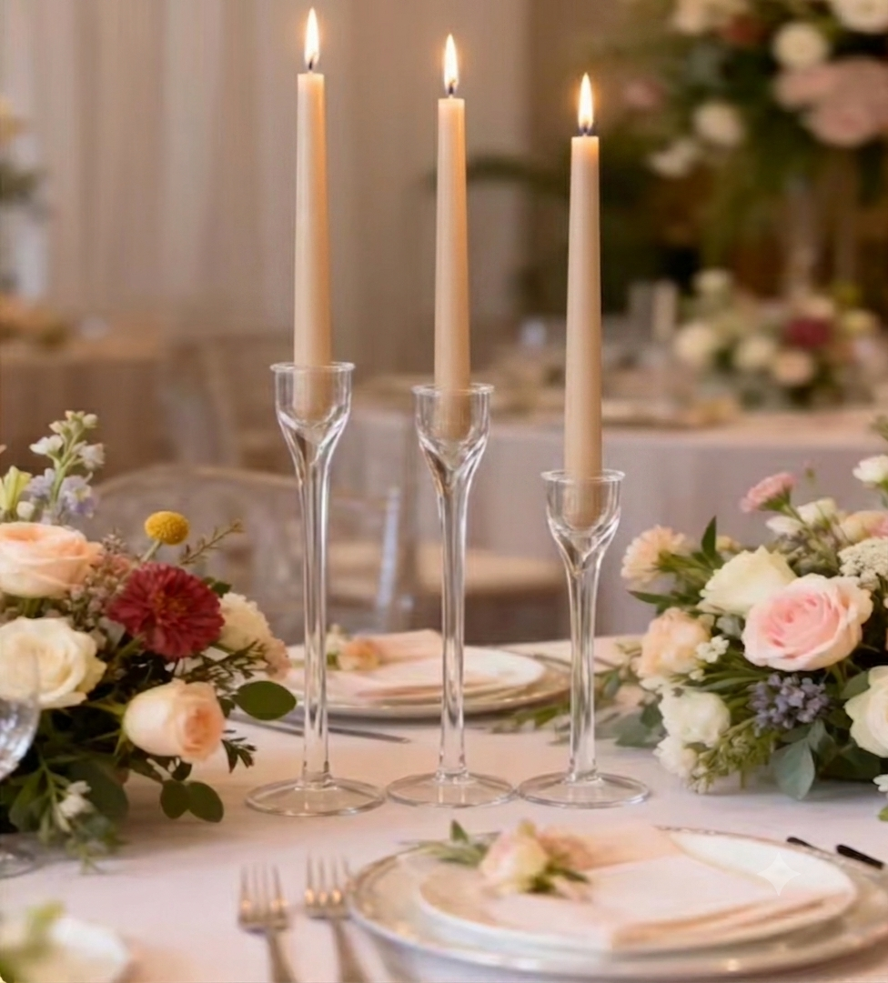 Romantic Glass Candlestick Set of 3 – Elegant Varied Height Taper Candle Holders for Wedding Tablescapes & Candlelight Dinners