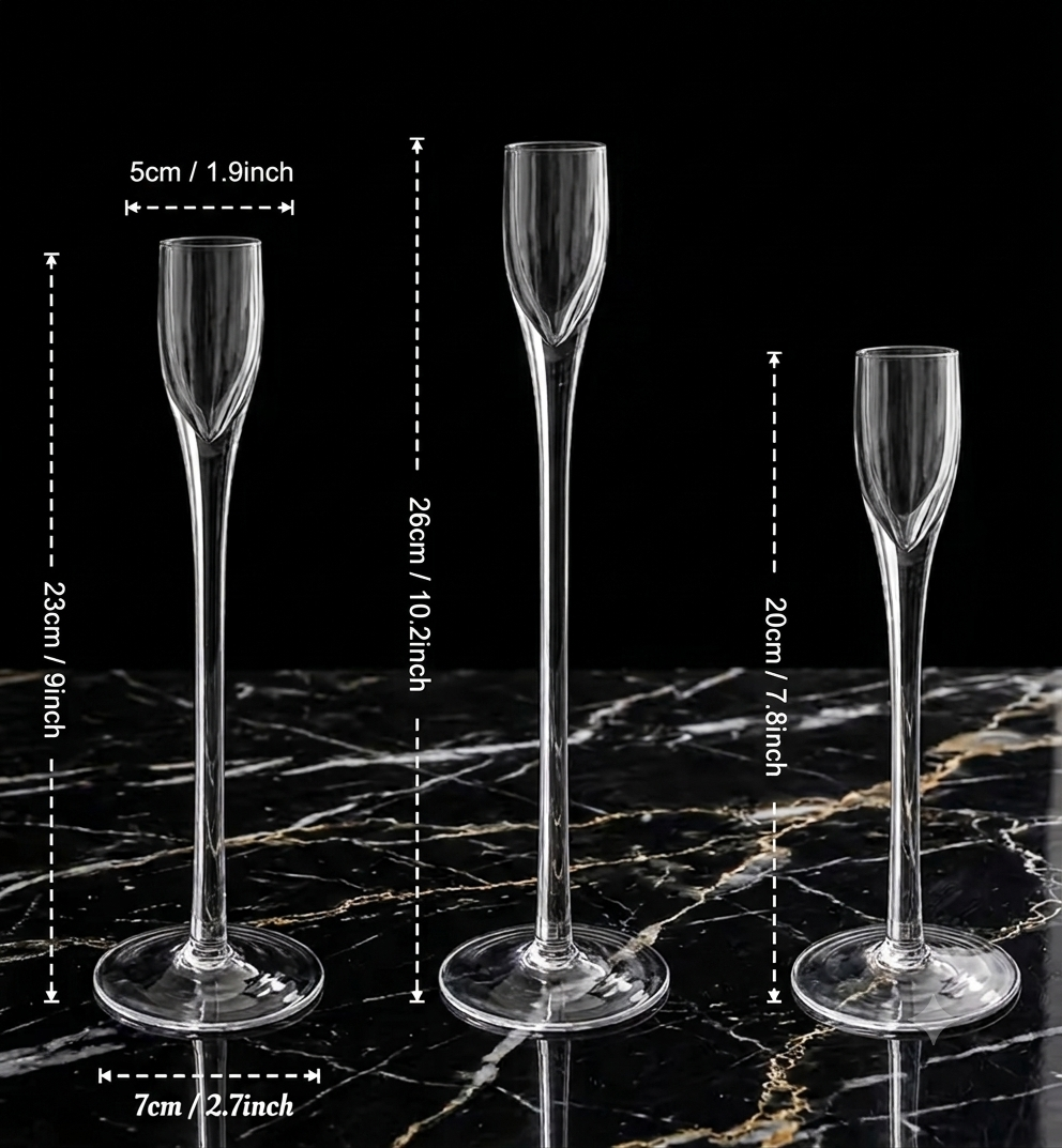 Romantic Glass Candlestick Set of 3 – Elegant Varied Height Taper Candle Holders for Wedding Tablescapes & Candlelight Dinners