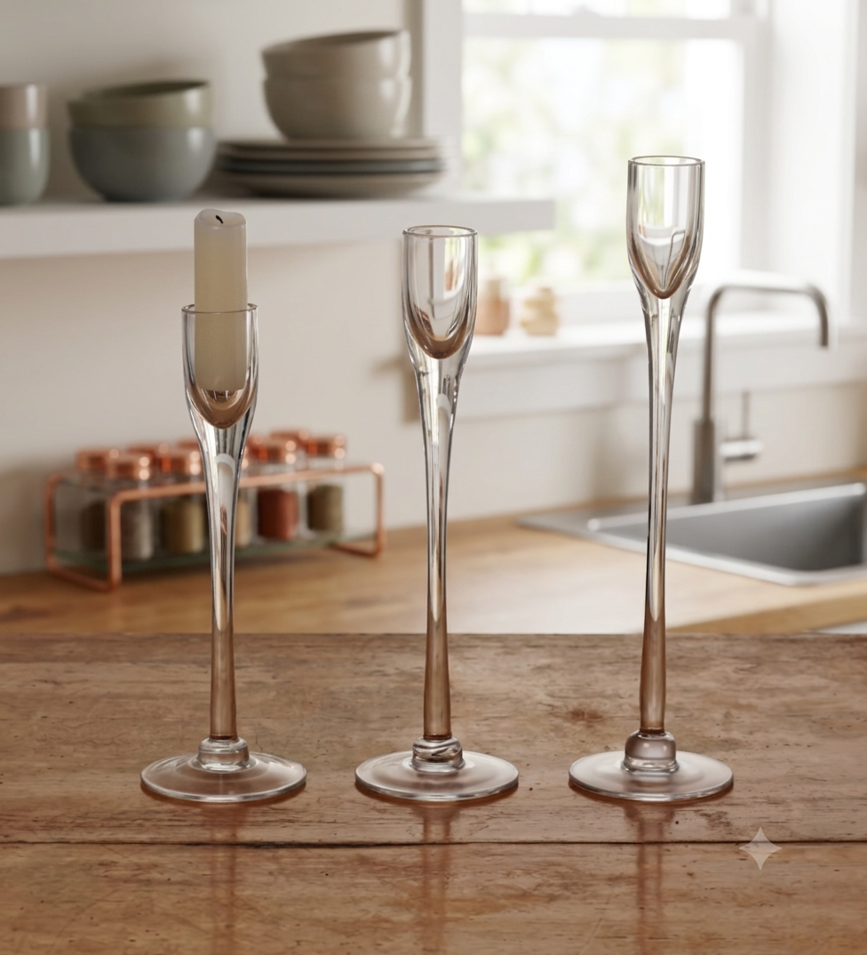 Romantic Glass Candlestick Set of 3 – Elegant Varied Height Taper Candle Holders for Wedding Tablescapes & Candlelight Dinners