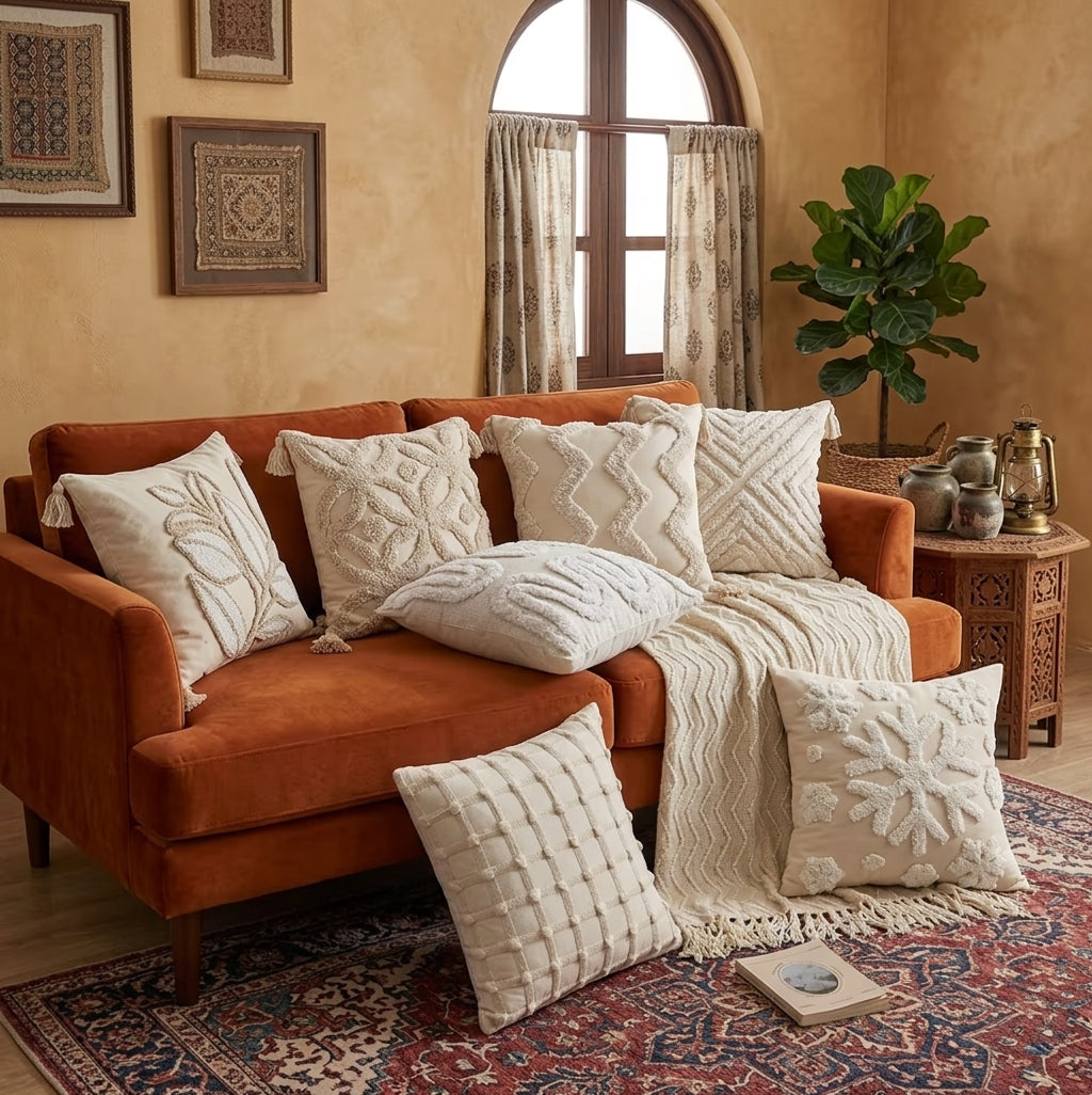 Nordic Boho Tufted Woven Cushion Cover – Textured Embroidered Accent Throw Pillowcase with Fringe for Scandi & Bohemian Home Decor
