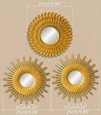 Set of 3 Gold Round Wall Mirrors – Sunburst & Geometric Decorative Accent Mirrors for Glam Gallery Wall & Powder Room Decor