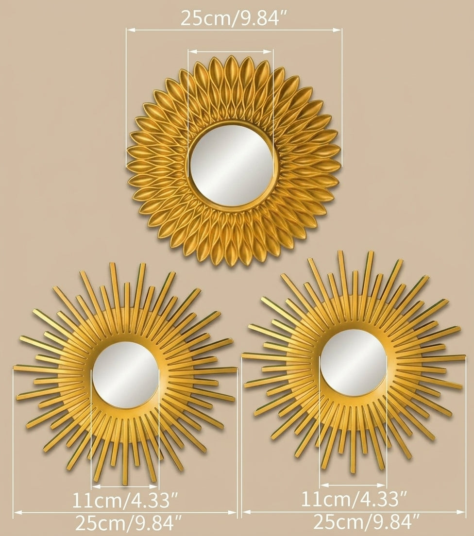 Set of 3 Gold Round Wall Mirrors – Sunburst & Geometric Decorative Accent Mirrors for Glam Gallery Wall & Powder Room Decor