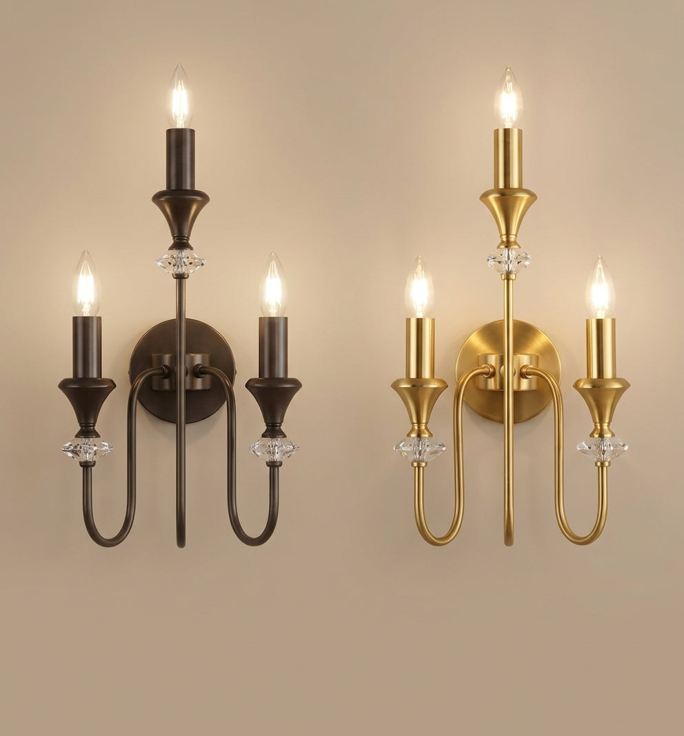 Nordic Retro 3 Candle Wall Sconce – Glossy Copper & Black Decorative E14 LED Wall Light for Bedroom Bedside & Accent Wall Decor
