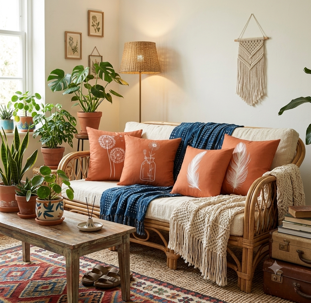 Rustic Terracotta Boho Pillow Covers – Whimsical Dandelion & Feather Print Cushion Case for Earthy Bohemian Home Decor