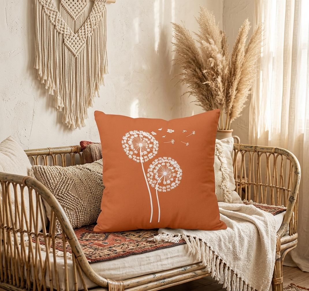 Rustic Terracotta Boho Pillow Covers – Whimsical Dandelion & Feather Print Cushion Case for Earthy Bohemian Home Decor