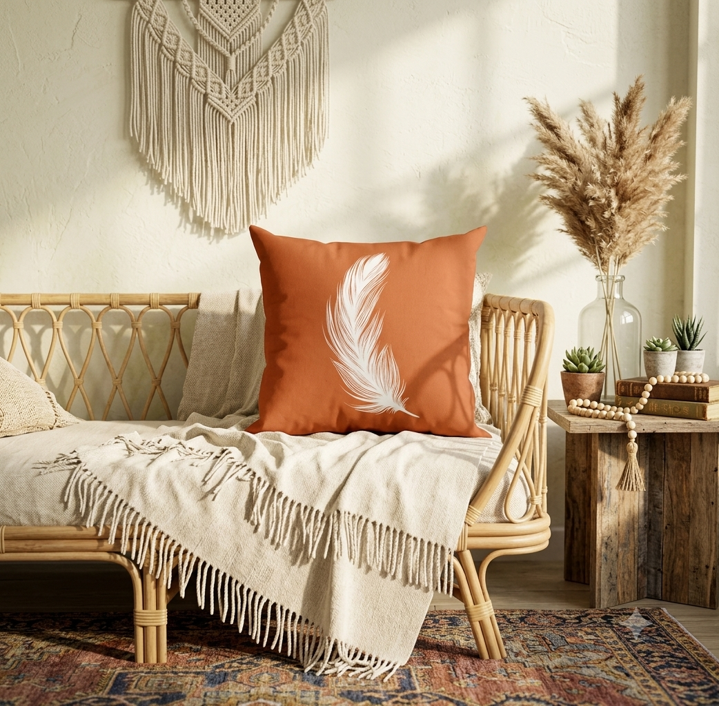 Rustic Terracotta Boho Pillow Covers – Whimsical Dandelion & Feather Print Cushion Case for Earthy Bohemian Home Decor