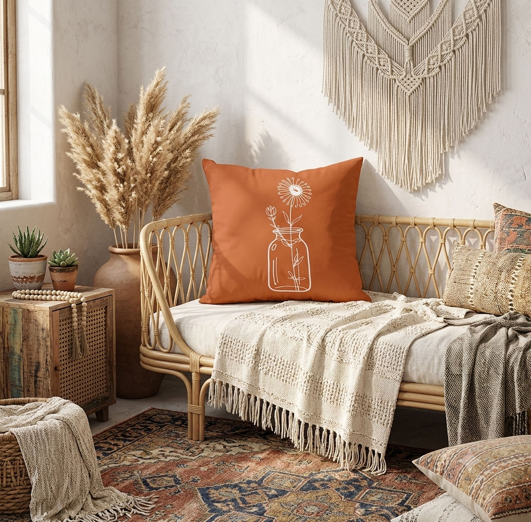 Rustic Terracotta Boho Pillow Covers – Whimsical Dandelion & Feather Print Cushion Case for Earthy Bohemian Home Decor