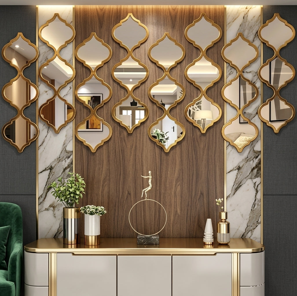 Vintage Moroccan Arabesque Wall Mirror Set (12-Piece) – Large Gold Decorative Wall Mirrors for Bohemian & Mediterranean Home Decor
