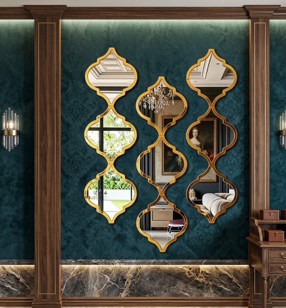 Vintage Moroccan Arabesque Wall Mirror Set (12-Piece) – Large Gold Decorative Wall Mirrors for Bohemian & Mediterranean Home Decor