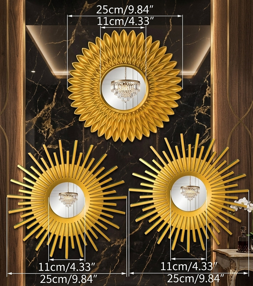 Set of 3 Gold Round Wall Mirrors – Sunburst & Geometric Decorative Accent Mirrors for Glam Gallery Wall & Powder Room Decor