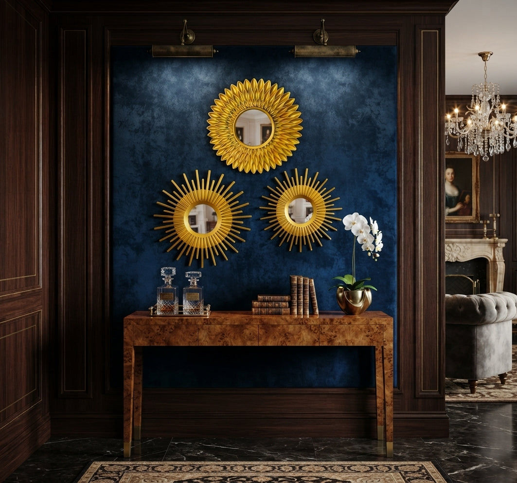 Set of 3 Gold Round Wall Mirrors – Sunburst & Geometric Decorative Accent Mirrors for Glam Gallery Wall & Powder Room Decor