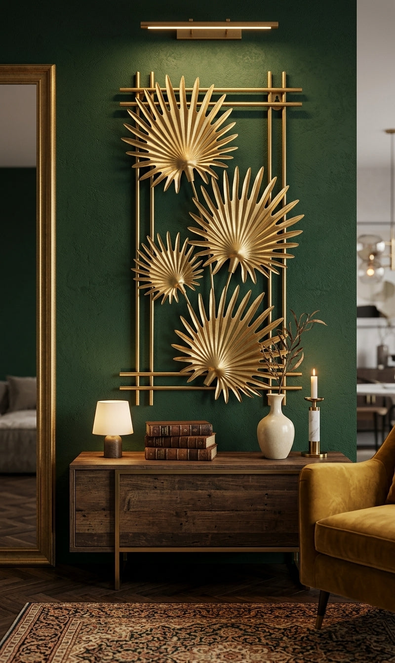 Modern Metallic Botanical Wall Art – Elegant Ginkgo & Palm Leaf Pendant Ornament for Organic Home Decor
