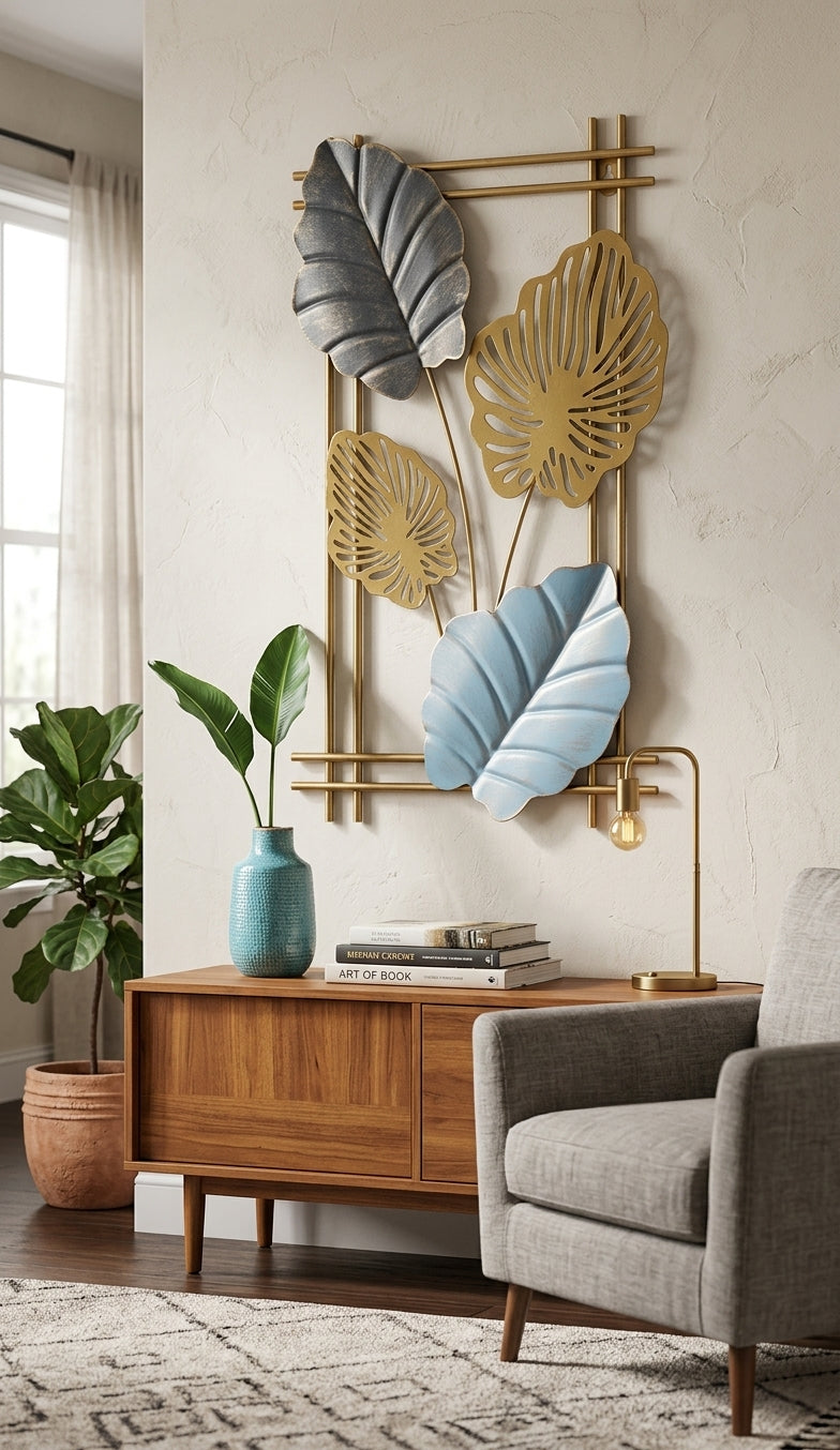 Modern Metallic Botanical Wall Art – Elegant Ginkgo & Palm Leaf Pendant Ornament for Organic Home Decor